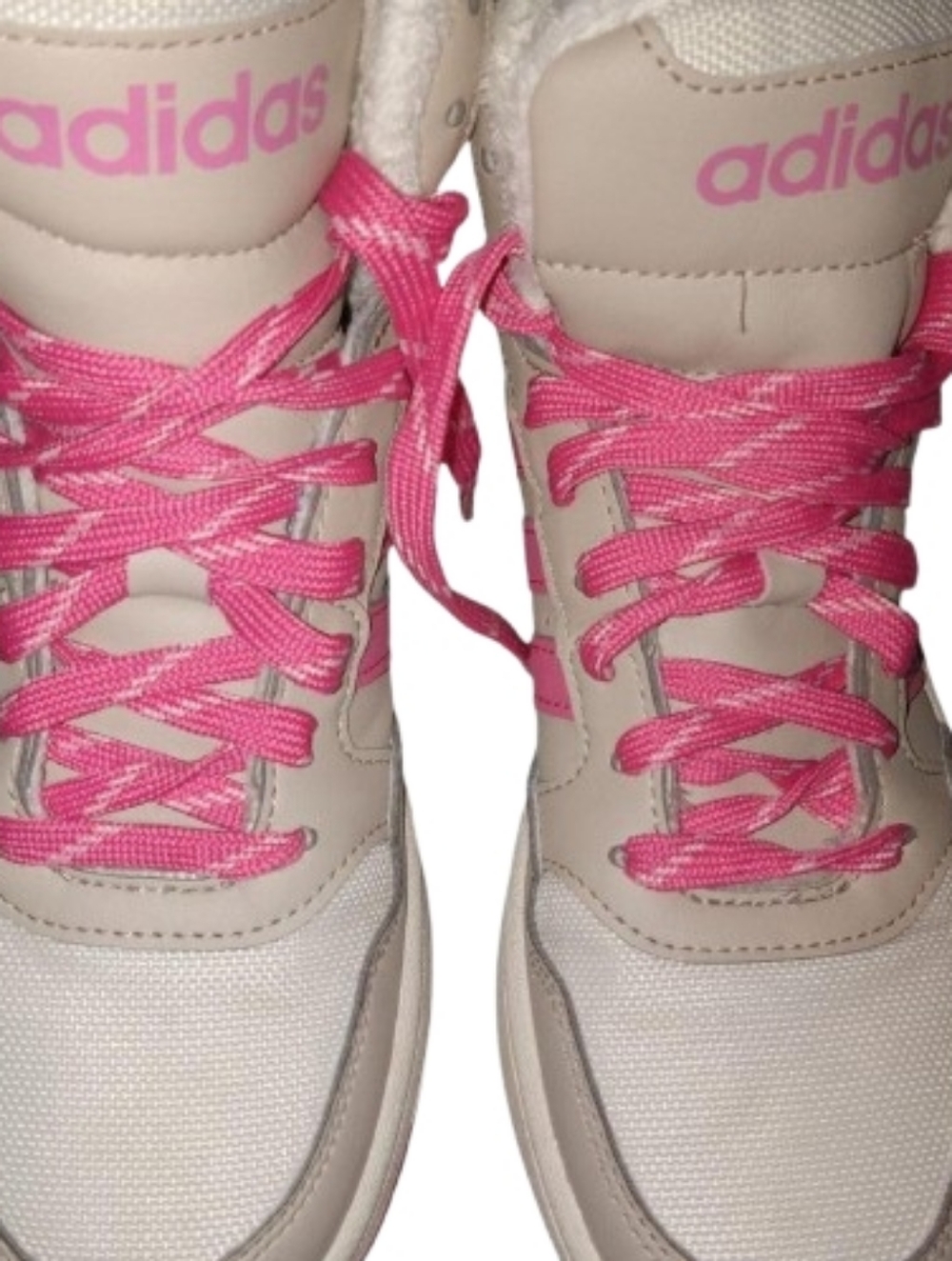 Pink Gray Beige Old School High-Top Adidas Sneakers With Chunky Pink Laces